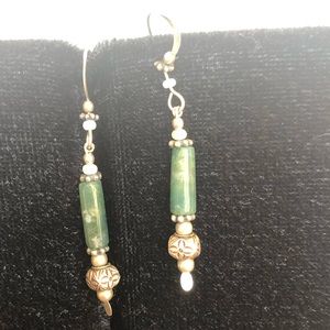 Silver and green stone dangle earrings